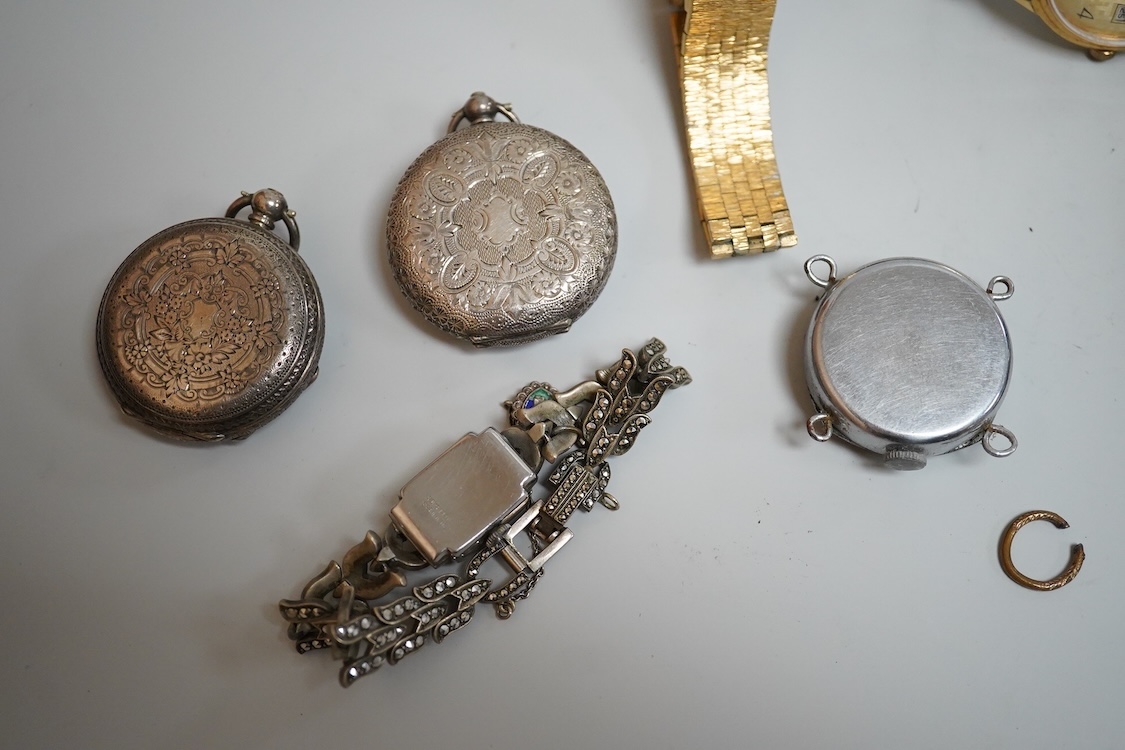 A lady's Edwardian silver and enamel fob watch, with Roman dial and heart shaped orifice, one other silver fob watch and four other white metal fob watches, together with a chrome cased Ingersoll pocket watch and eleven